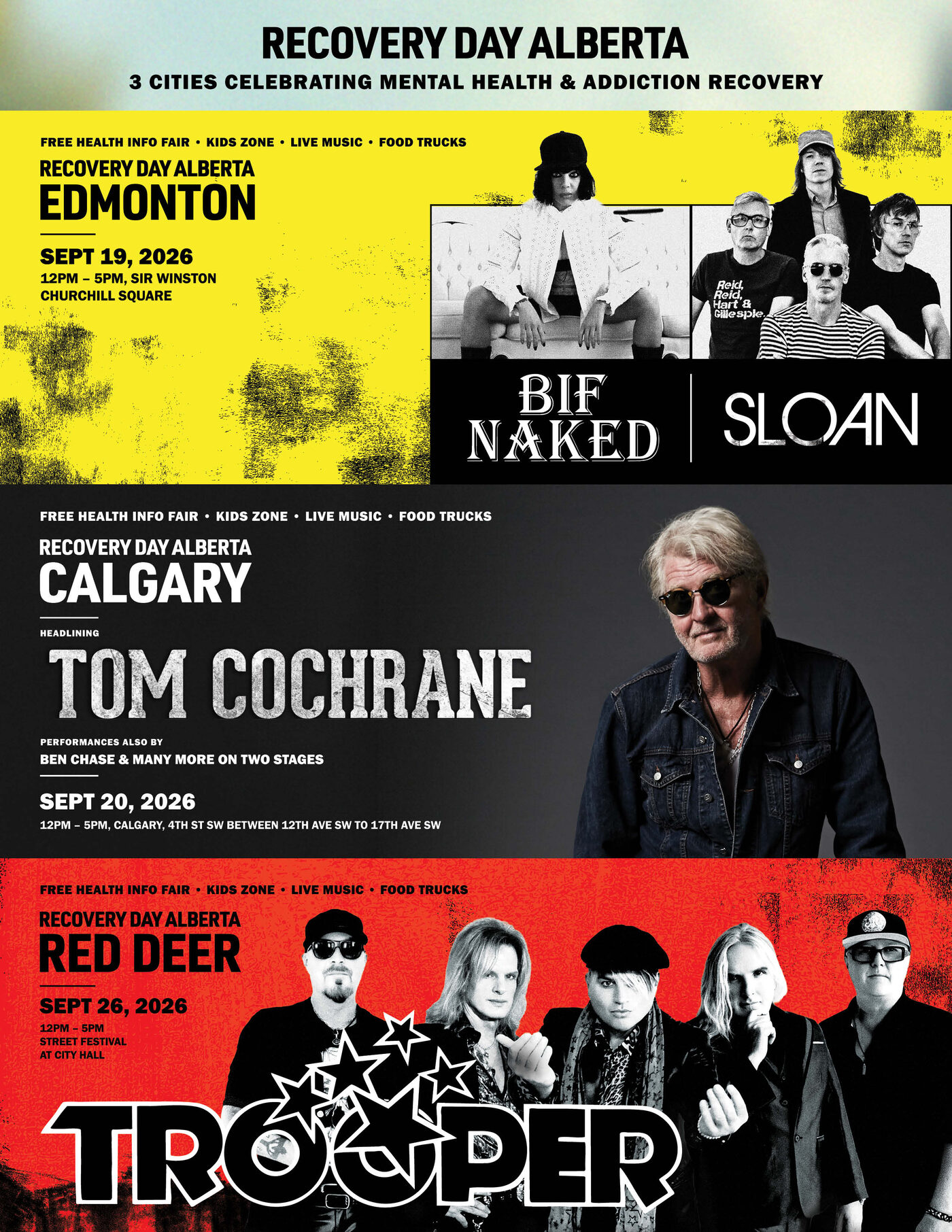Recovery Day Alberta 2026 three-city festival poster